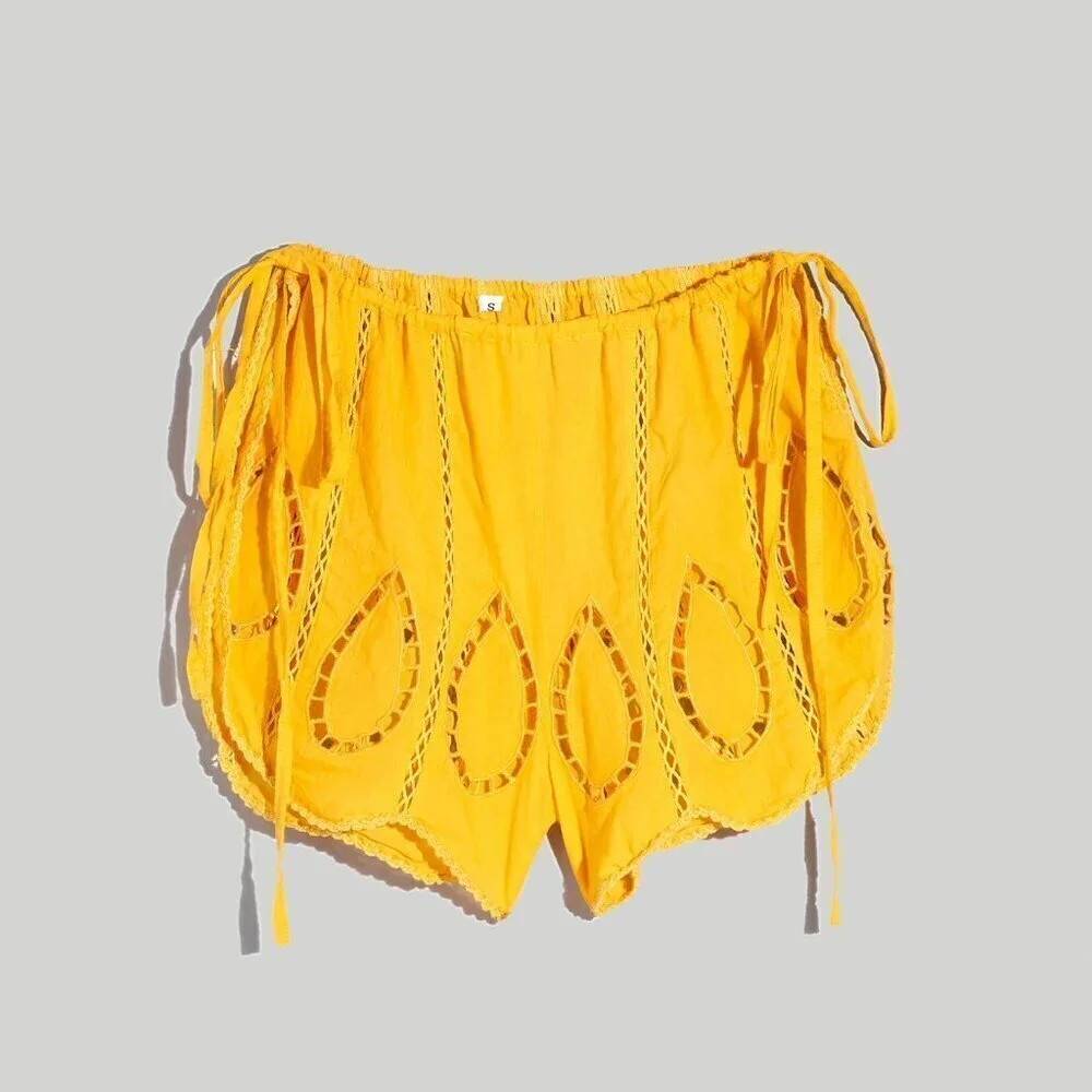 New Agua Bendita Bree Eames Embroidery Yellow Cover-Up Cut Shorts NWT